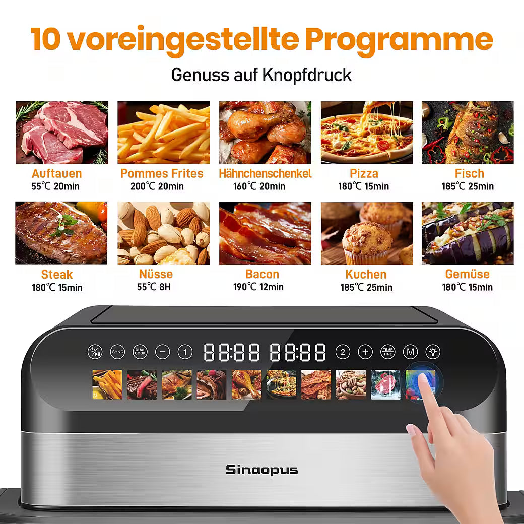 SINAOPUS Heißluftfritteuse 10 L Doppelkammer Airfryer Doppelbehälter-Modus mit unabhängiger Steuerung, B-Ware Zweitbild