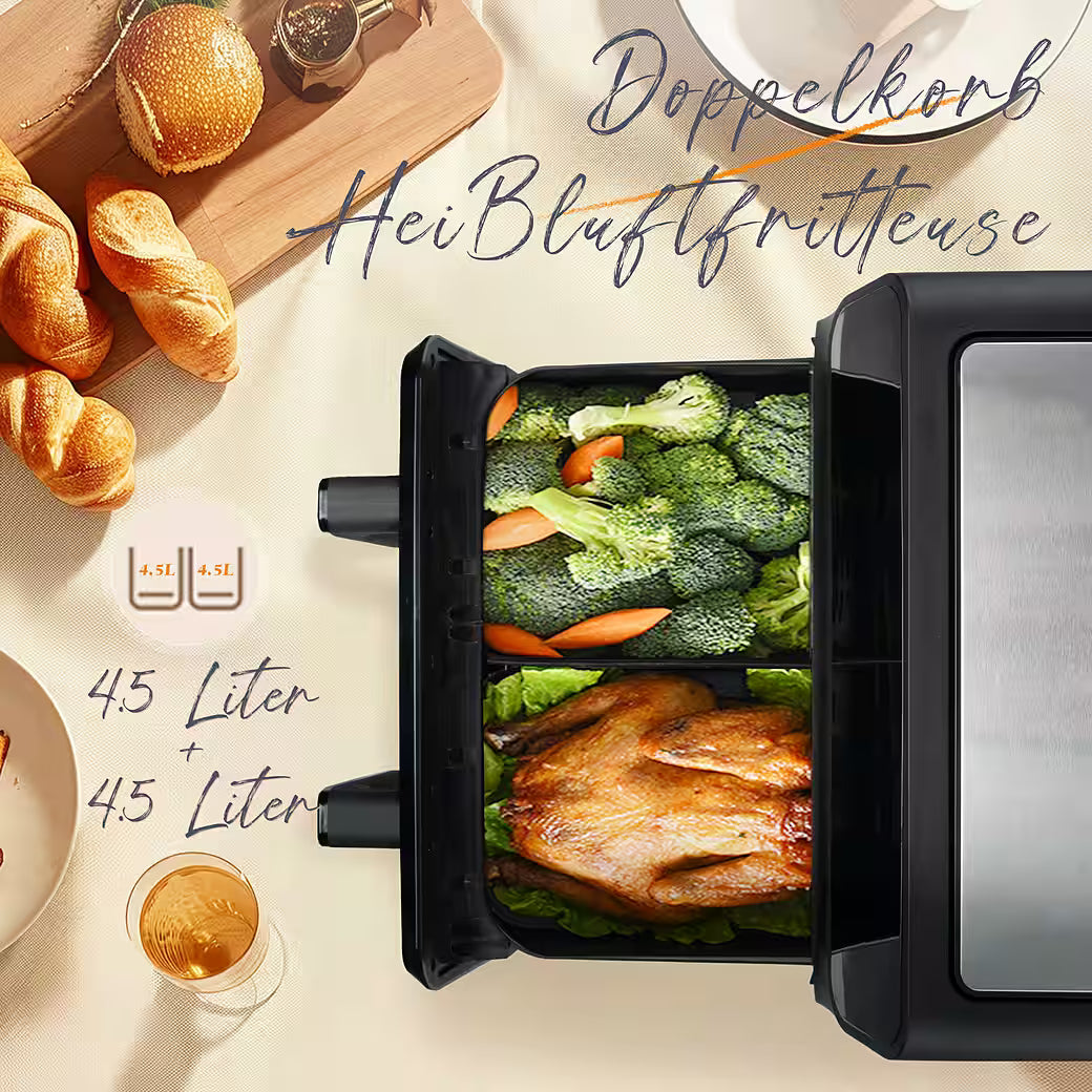 SINAOPUS Heißluftfritteuse 9 L Doppelkammer Airfryer, duale Zonen, Sichtfenster, B-Ware