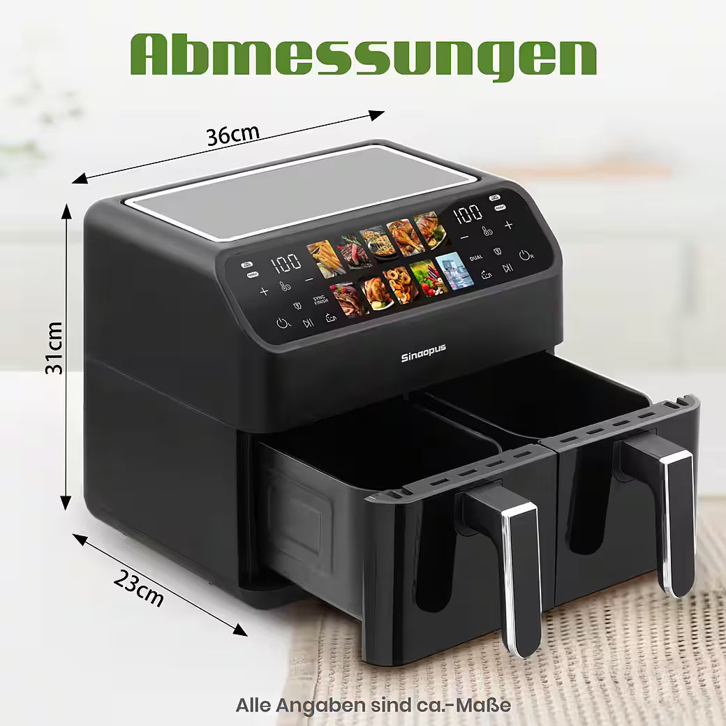 SINAOPUS Heißluftfritteuse 9L Heissluftfritteuse, XXL Airfryer mit Doppelkammer, duale Zonen, B-Ware