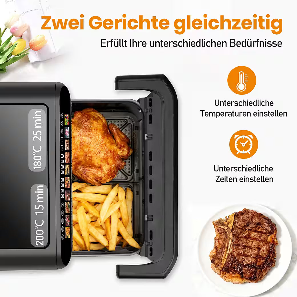 SINAOPUS Heißluftfritteuse 10 L Doppelkammer Airfryer Doppelbehälter-Modus mit unabhängiger Steuerung, B-Ware