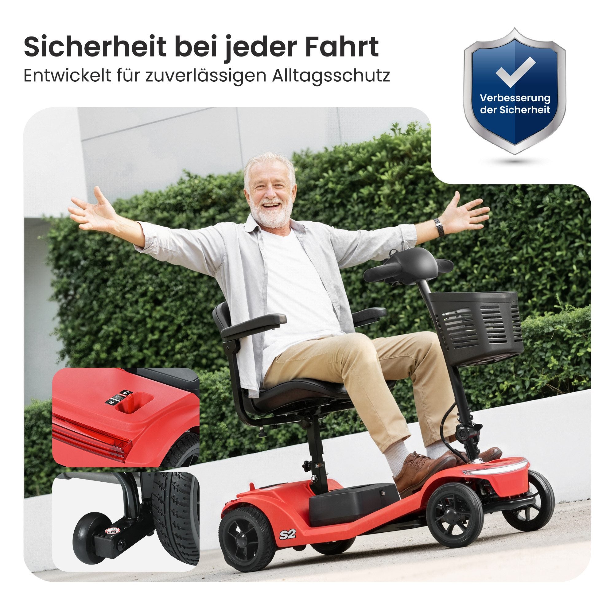 Sweetrich S2 Elektromobil – Elektromobil, 15 km Reichweite,Faltbar – 136 kg Tragkraft – Für Senioren – Rot