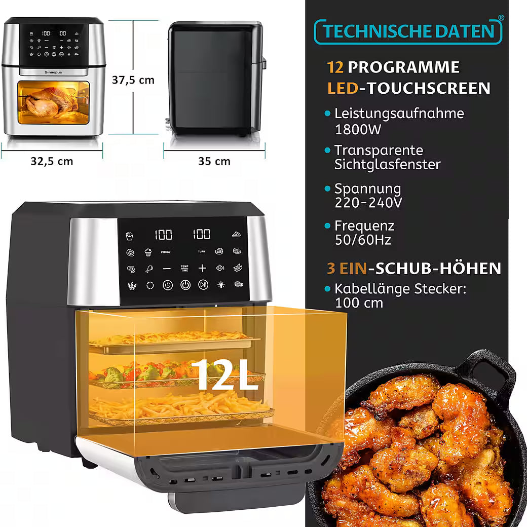 SINAOPUS Heißluftfritteuse 12L Air fryer XXL mit 12 Kochprogramme für Familien, B-Ware