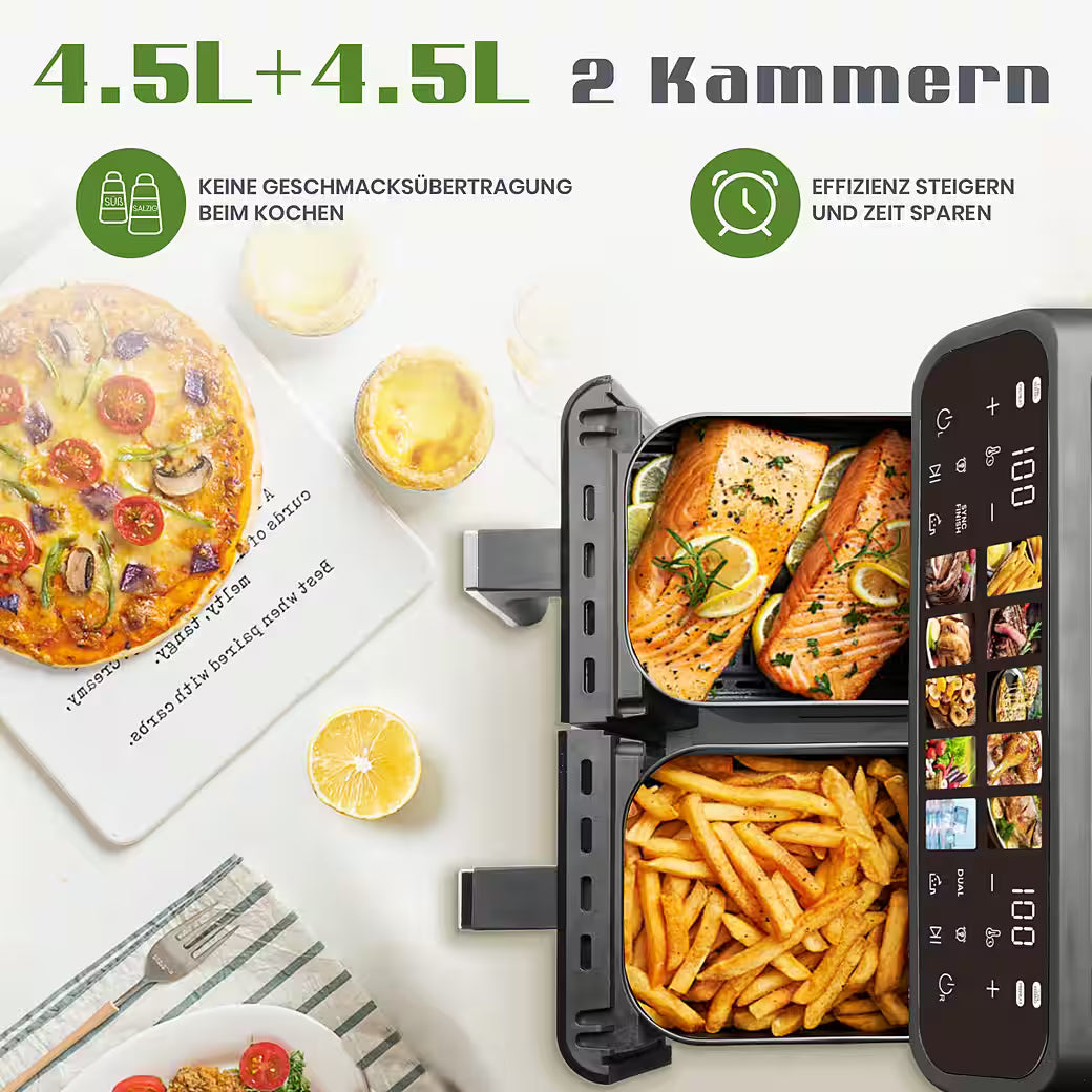 SINAOPUS Heißluftfritteuse 9L Heissluftfritteuse, XXL Airfryer mit Doppelkammer, duale Zonen, B-Ware