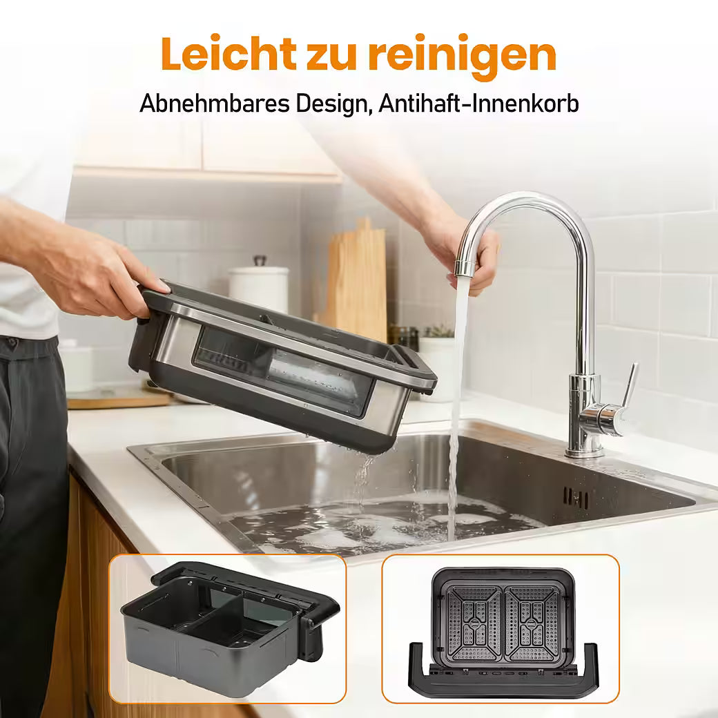 SINAOPUS Heißluftfritteuse 10 L Doppelkammer Airfryer Doppelbehälter-Modus mit unabhängiger Steuerung, B-Ware