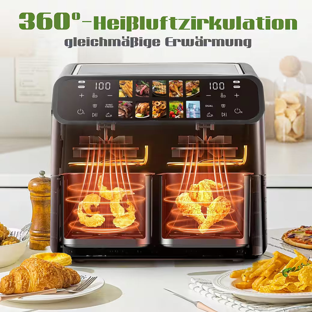 SINAOPUS Heißluftfritteuse 9L Heissluftfritteuse, XXL Airfryer mit Doppelkammer, duale Zonen, B-Ware