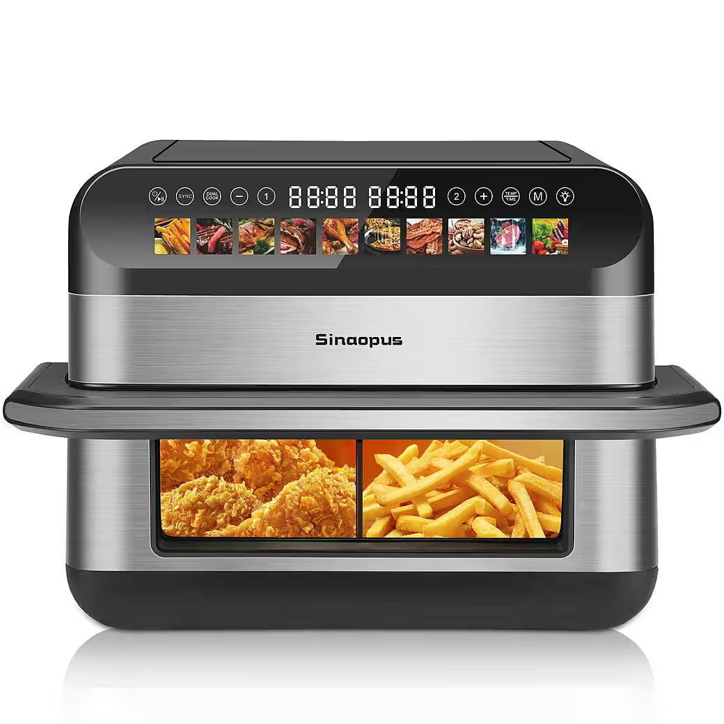 SINAOPUS Heißluftfritteuse 10 L Doppelkammer Airfryer Doppelbehälter-Modus mit unabhängiger Steuerung, B-Ware