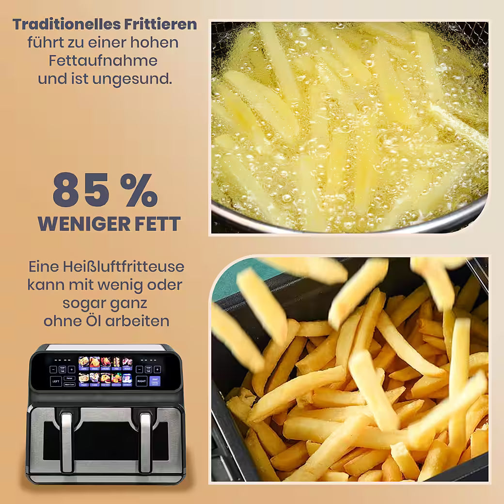 SINAOPUS Heißluftfritteuse 9 L Doppelkammer Airfryer, duale Zonen, Sichtfenster, B-Ware