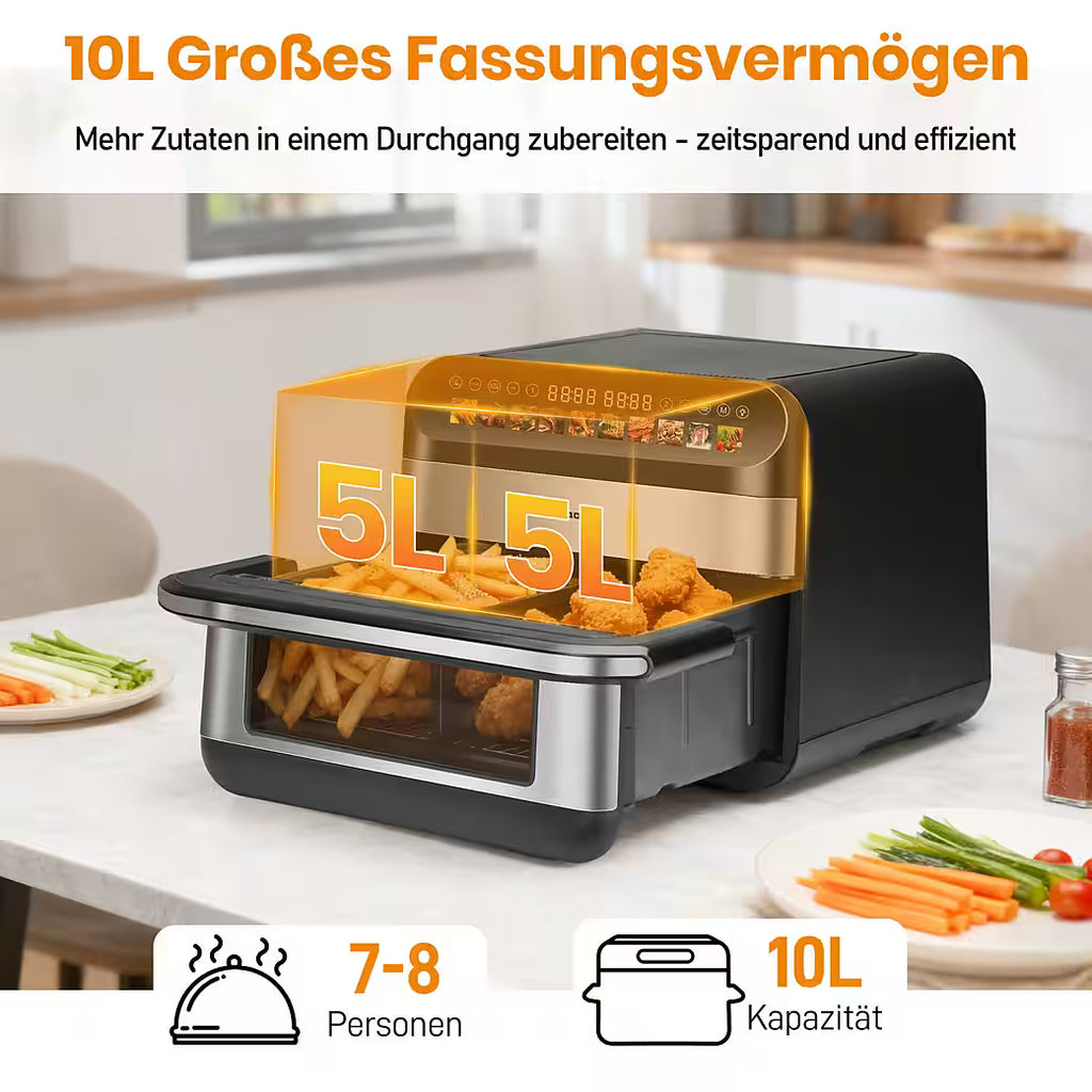 SINAOPUS Heißluftfritteuse 10 L Doppelkammer Airfryer Doppelbehälter-Modus mit unabhängiger Steuerung, B-Ware