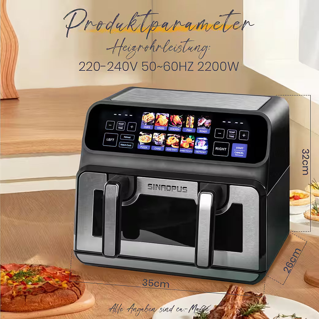 SINAOPUS Heißluftfritteuse 9 L Doppelkammer Airfryer, duale Zonen, Sichtfenster, B-Ware