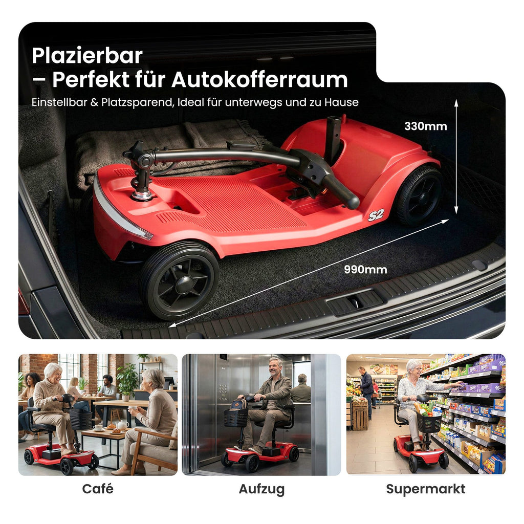Sweetrich S2 Elektromobil – Elektromobil, 15 km Reichweite,Faltbar – 136 kg Tragkraft – Für Senioren – Rot
