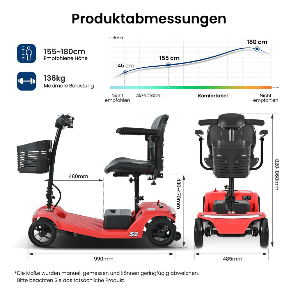 Sweetrich S2 Elektromobil – Elektromobil, 15 km Reichweite,Faltbar – 136 kg Tragkraft – Für Senioren – Rot