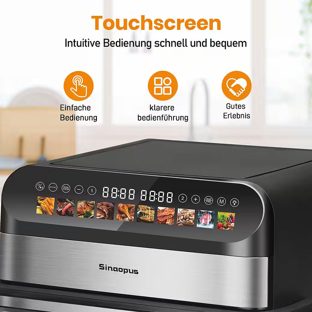 SINAOPUS Heißluftfritteuse 10 L Doppelkammer Airfryer Doppelbehälter-Modus mit unabhängiger Steuerung, B-Ware